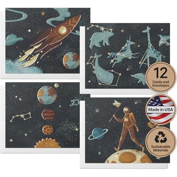 Paper 12 pcs Space Themed Note Card Set - Assorted Greeting Cards for Every Occasion with Envelopes Included - Cute and Unique Designs - Bulk Stationery Pack - 5.5 x 4.25 Inch Eco-Friendly Paper