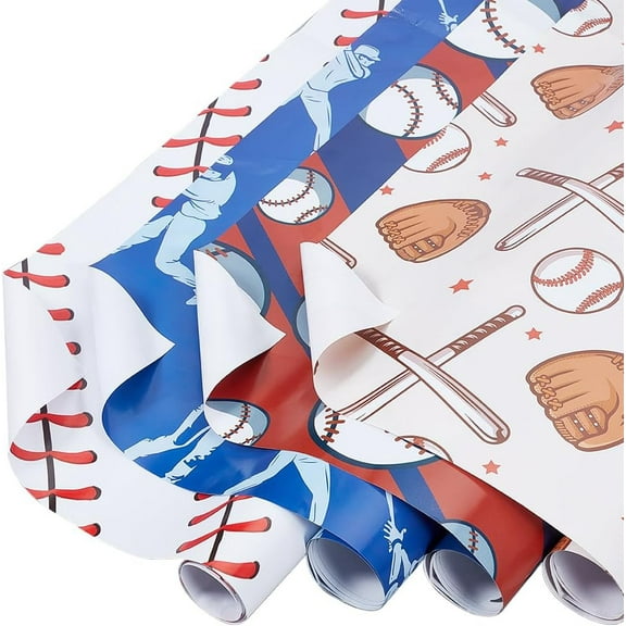 Paper 12Pcs 4 Styles Baseball Gift Wrap Roll Sports Wrapping Paper Rolls 20 x 27 inch Baseball Bat Gloves Pattern DIY Craft Art Tissue Papers for Sports Party Decor Birthday Gift Packaging Paper