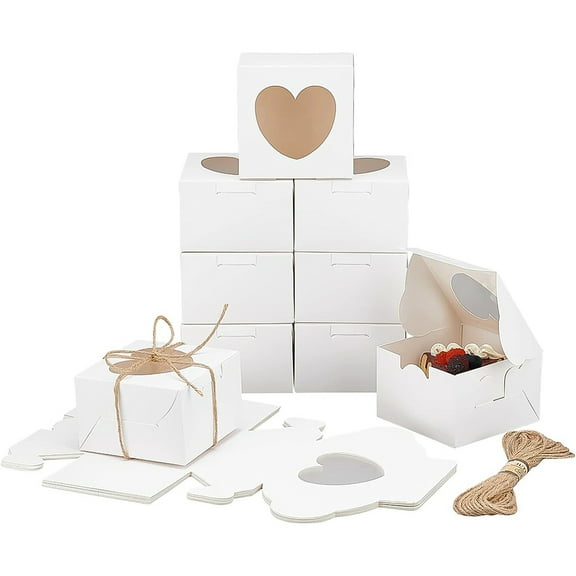 Paper 20pcs Square Paper Cardboard Bakery boxes with 1 bundle Jute Cord Jute String for Mini Cake Cupcake Cookie White boxes: 100x100x65mm 20pcs