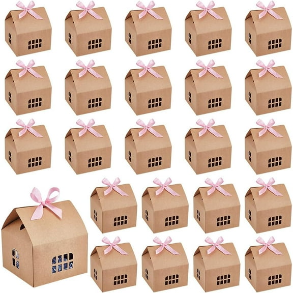 Paper 24Pcs Brown House Shaped Gift Boxes 5x5x5.3 Inch Kraft Paper Candy Box Cardboard Treat House Boxes for Wedding Baby Shower Birthday Party Paper