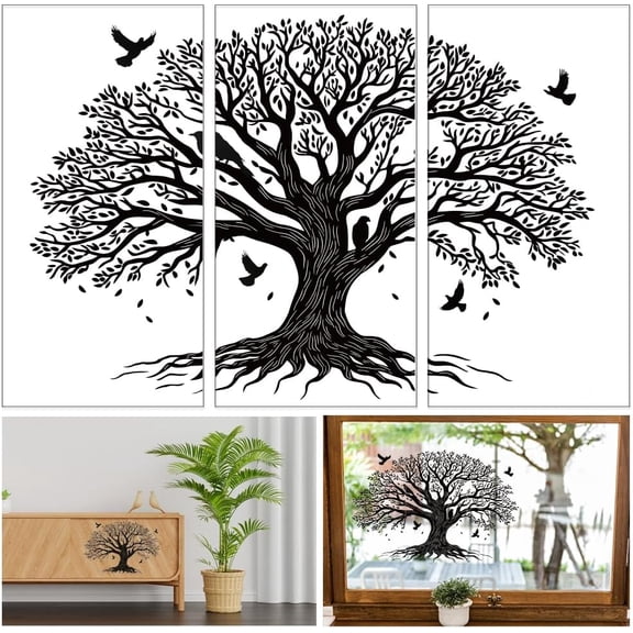Paper 3 Sheets Tree of Life Transfer 11.8x5.9inch Bird Tree Silhouette Rub on Transfer Sticker UV Self-Adhesive Wall Art Decals Craft for Farm Bedroom Living Room Desk Table Decoration