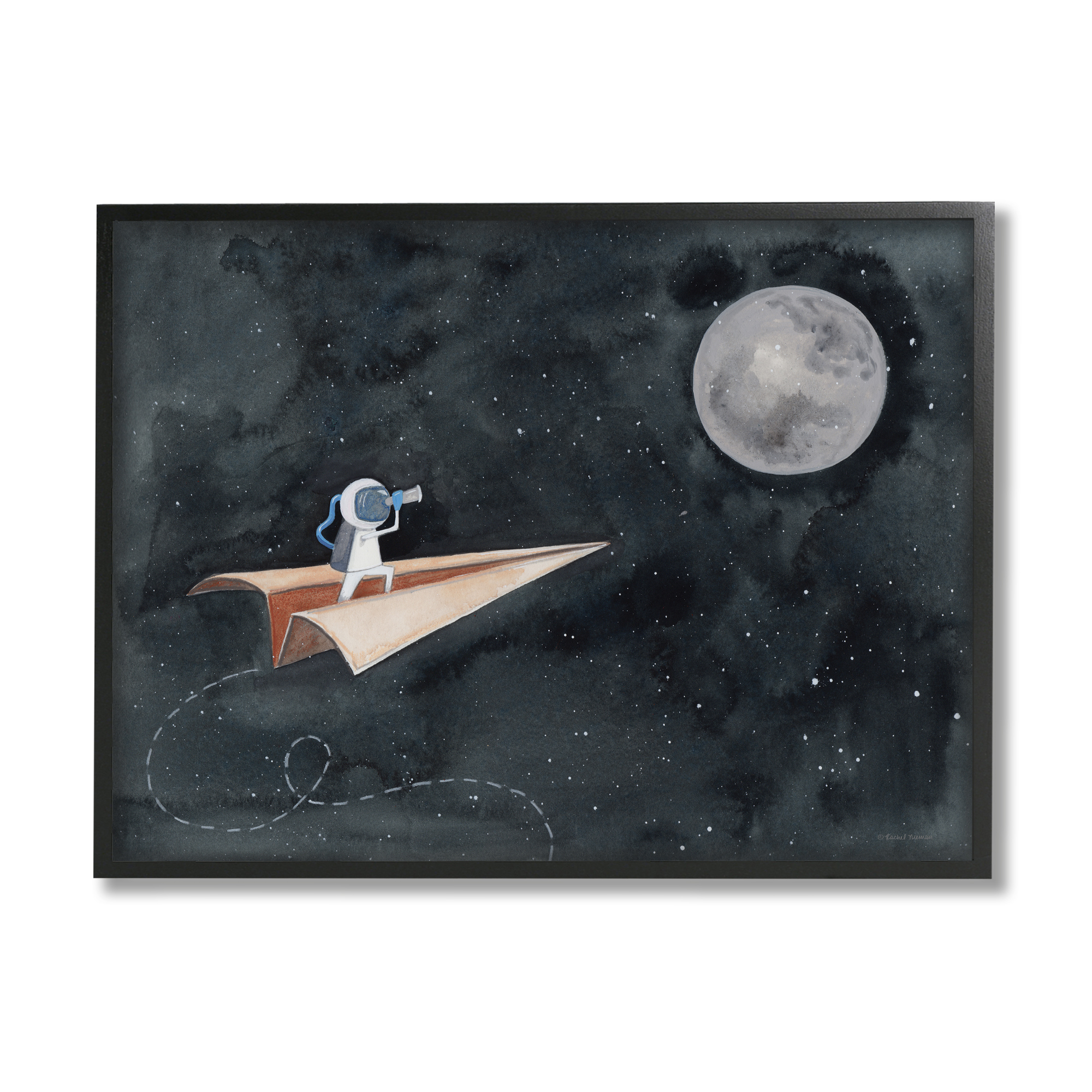 Stupell Industries Paper Airplane Flying in Outer space Astronaut Moon,16 x 20,Designed by Rachel Nieman