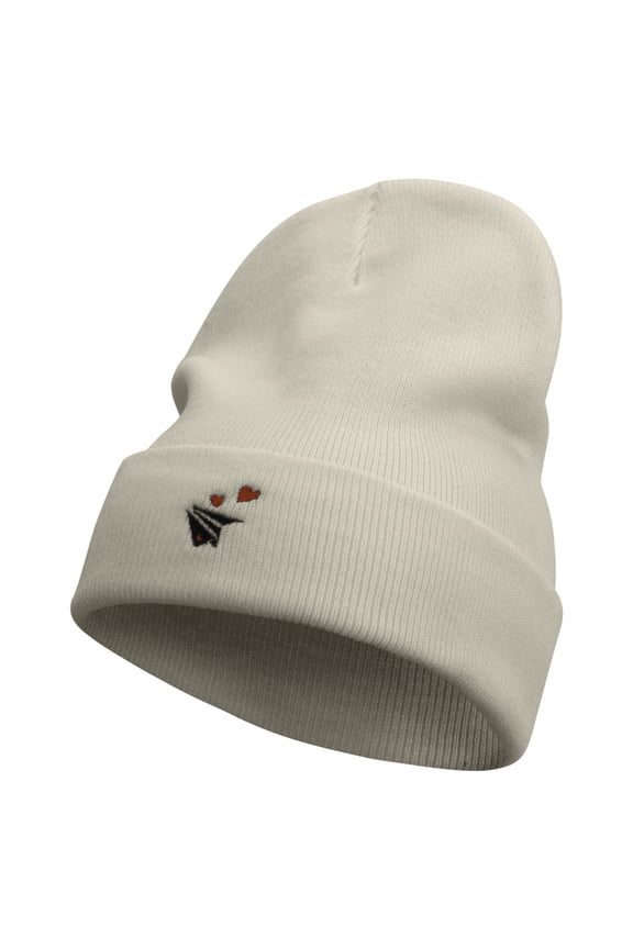 Paper Airplane Hearts Embroidered 12 Inch Long Knitted Beanie - Birch OSFM