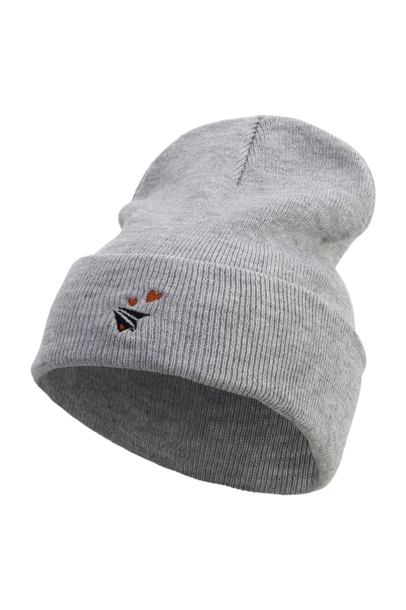 Paper Airplane Hearts Embroidered 12 Inch Long Knitted Beanie - Heather Grey OSFM