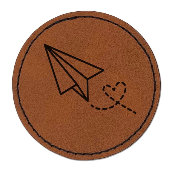 Paper Airplane with Heart 2.5" Faux Leather Round Engraved Iron-On Patch - Brown
