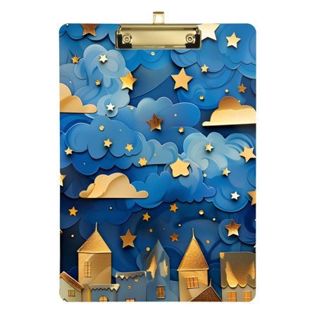 Paper Art Nocturne Clouds Stars Acrylic Clipboard Drawing Board Clipboard with Hook A4 Size Gold 12.5" x 9"