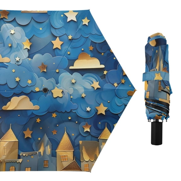 Paper Art Nocturne Clouds Stars All Weather Umbrella Triple Folding Parasol 6 Ribs UV Protection Portable