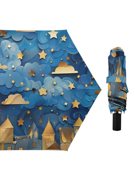 Paper Art Nocturne Clouds Stars All Weather Umbrella Triple Folding Parasol 6 Ribs UV Protection Portable
