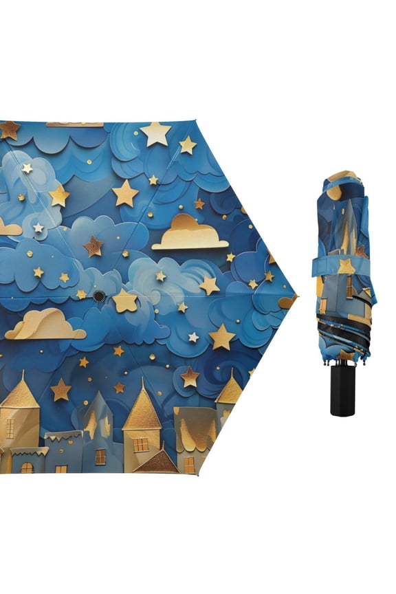 Paper Art Nocturne Clouds Stars All Weather Umbrella Triple Folding Parasol 6 Ribs UV Protection Portable