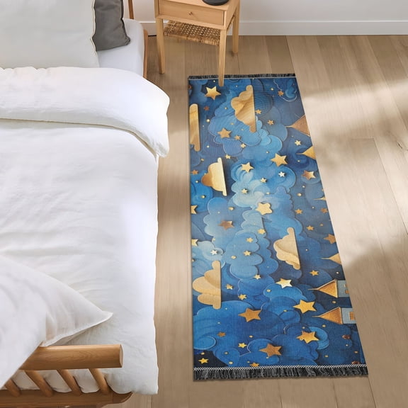 Paper Art Nocturne Clouds Stars Bedside Runner Rug 2'x 6' Non Slip Carpet Floor Mat Area Rug