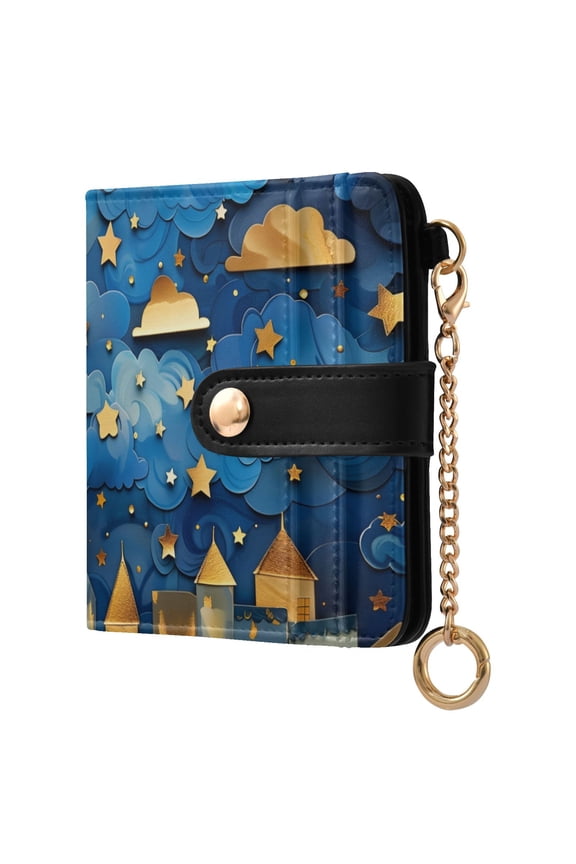 Paper Art Nocturne Clouds Stars Women's Wallet PU Leather Card Cases RFID Blocking Purse Billfold with Key Ring