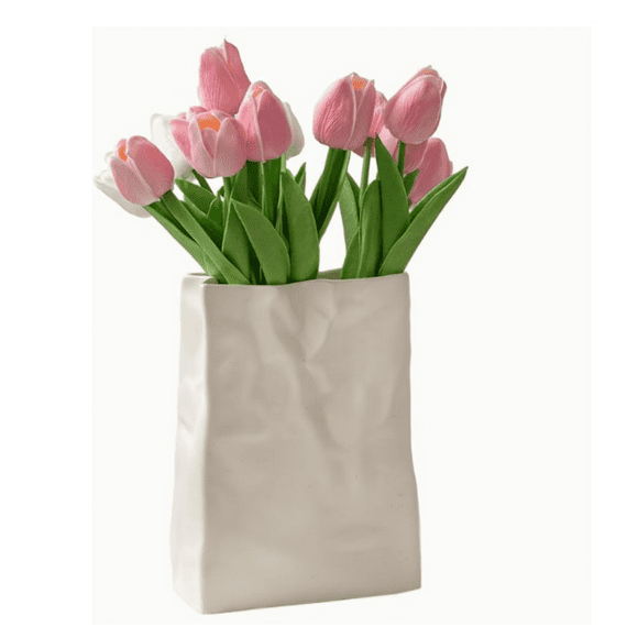 Paper Bag Vase Crinkle Wide Ceramic Flower Vase Cream White Boho Wabi-Sabi Vases, Cute Home Office Living Room Decor Aesthetic Unique Bookshelf Decorative, Bouquet Gifts for Women Girl 8 Inch