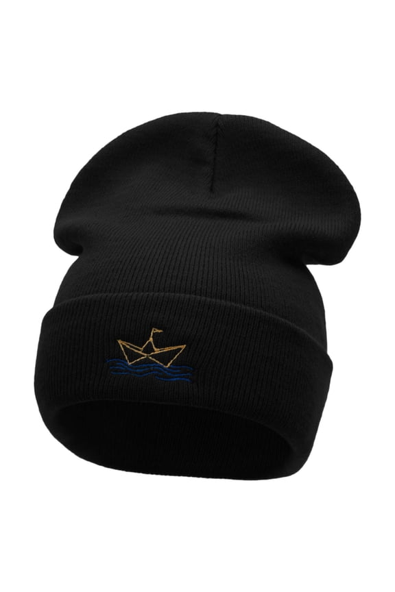Paper Boat Embroidered 12 Inch Long Knitted Beanie - Black OSFM