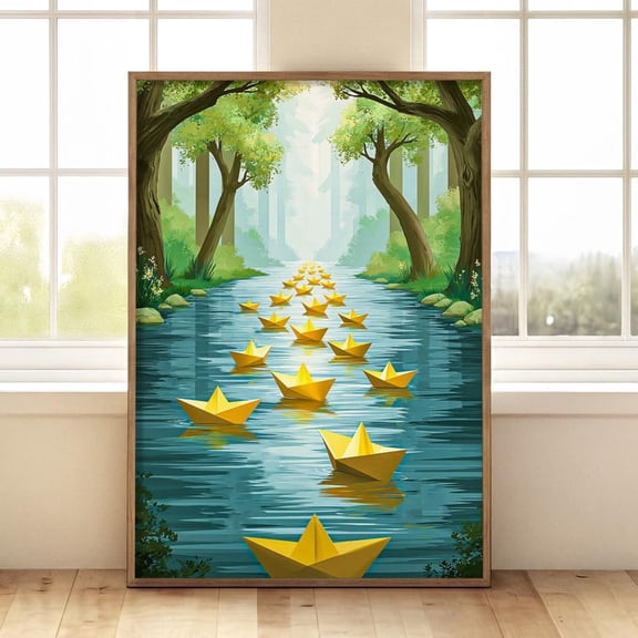 Paper Boat River Nature Illustration Minimal Forest Poster Unframed Paper Print