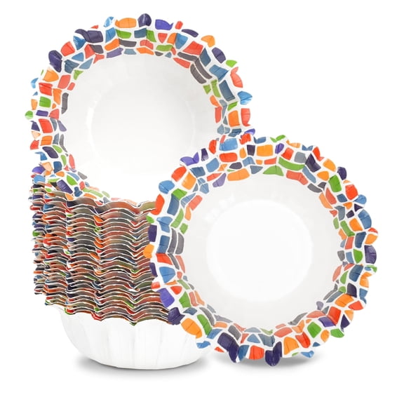 Paper Bowls, 30 Count 8 oz Colorful Geometric Pattern Disposable Paper Bowls, Thickened Leak-Proof Microwave Safe for Cereal, Salad, Soup, Birthday Parties, Picnic and Family Use