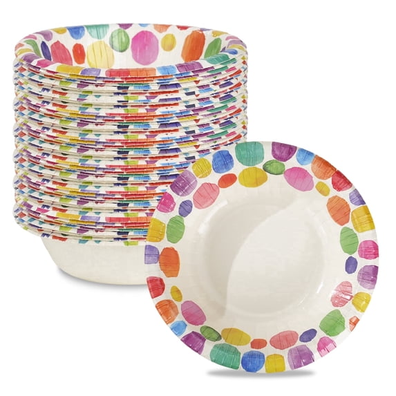 Paper Bowls, 60 Count 16 oz Colourful Round Pattern Disposable Heavy Paper Bowls, Microwave Safe and Soak-Proof for Parties, BBQ, Picnics, Home and Family Gatherings