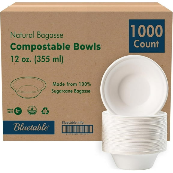 Paper Bowls Disposable 12 oz. , Compostable Bagasse Bowl [1000 Pack] Bulk Case, Made from 100% Sugarcane, Biodegradable