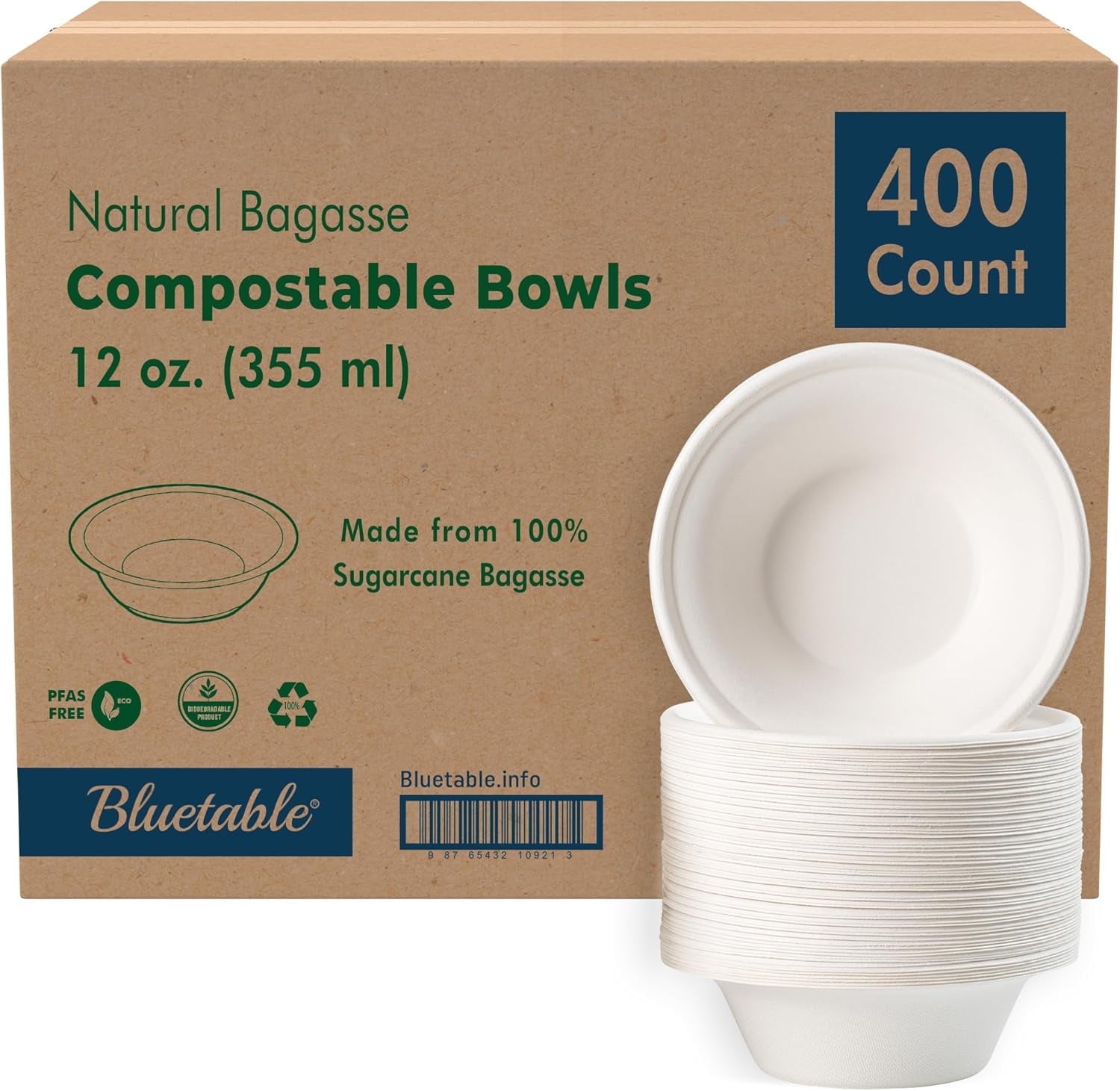 Paper Bowls Disposable 12 oz. , Compostable Bagasse Bowl [400 Pack] Bulk Case, Made from 100% Sugarcane, Biodegradable
