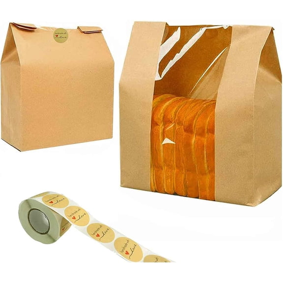 Paper Bread Bags with Clear Front Window, Food Packaging Storage for Bakery