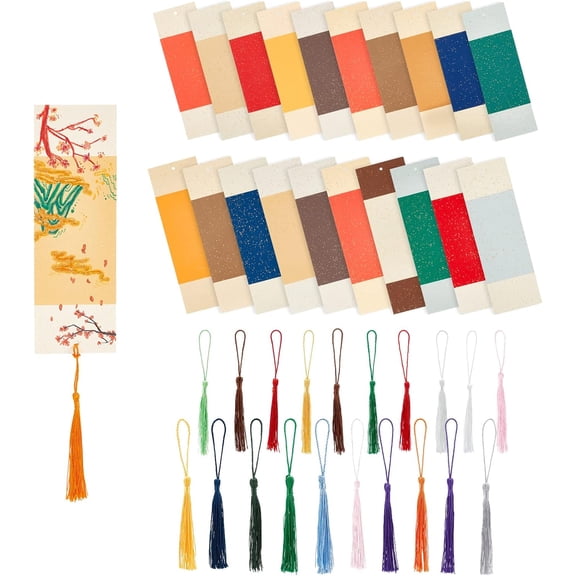 Paper Calligraphy Bookmark 20pcs 8.2x2.7 7x2.3 Inch Rectangle Blank Waxed Xuan Paper Cardstock Art Bookmarks with 20pcs Colorful Tassel for Painting Drawing DIY Craft Projects Gift Tags for DIY