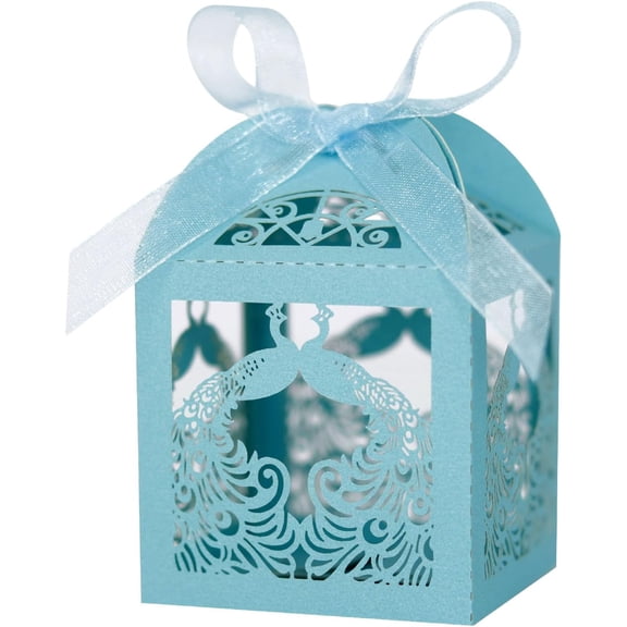 Paper Candy Boxes, 50 Pack Blue Peacock Pattern Laser Cut Boxes Hollow Gift Box for Wedding Bridal Shower Birthday Party Anniversary