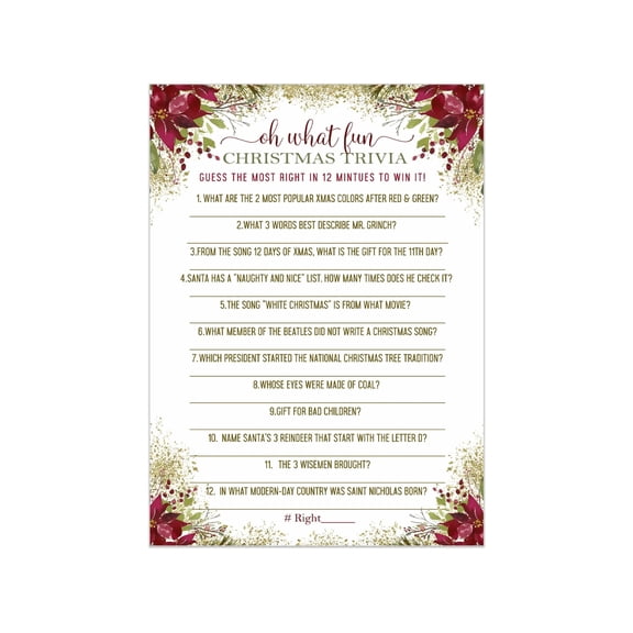 Paper Clever Party Rustic Christmas Trivia Game Cards, Red and Gold Floral, 25 Count