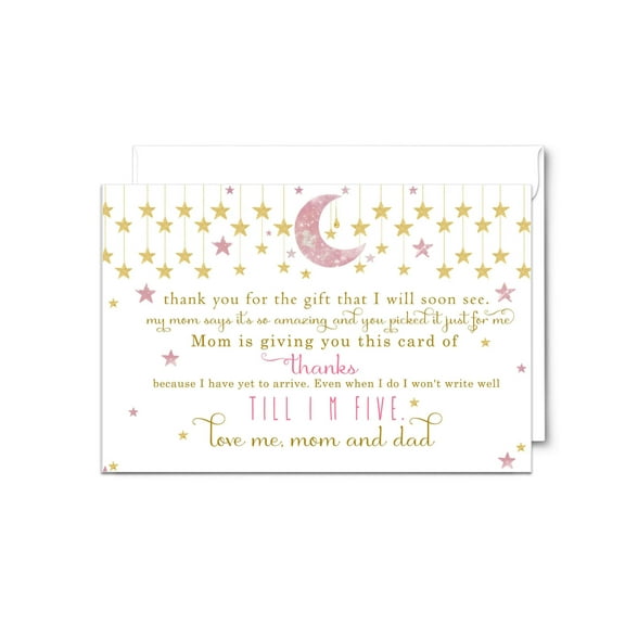 Paper Clever Party Twinkle Little Star Baby Shower Thank You Cards with Envelopes, Girls Prefilled Notes with Personalized Message for Guests, Pink and Gold, 25 Pack