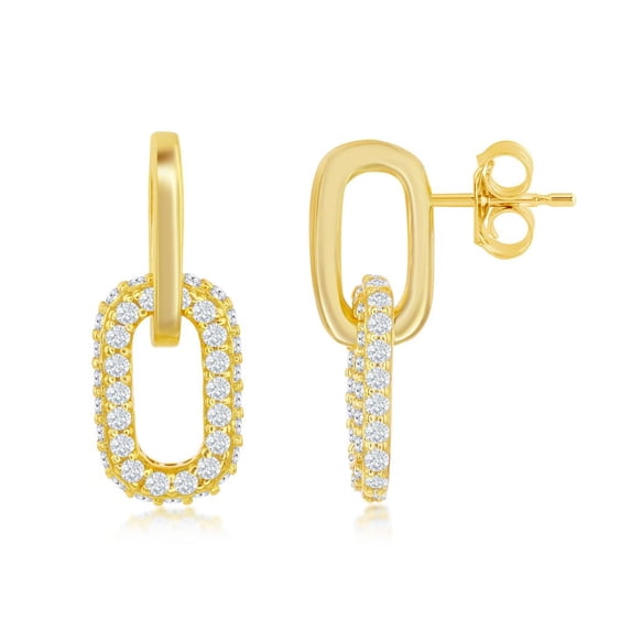 Paper Clip Link Design with Simulated Diamond CZ Dangling Earrings Silver/14k Gold Plated Sterling Silver Jewelry for Women or Teens-Gold