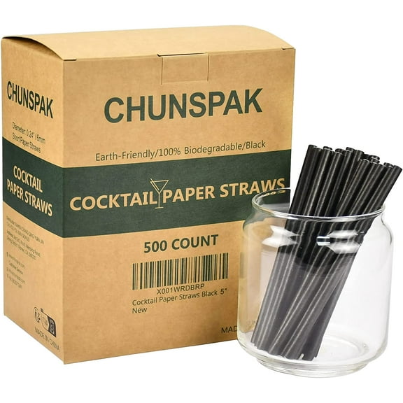 Paper Cocktail Straws 5 inch - 500 ct. Biodegradable Small Black Paper Drinking Straws Bulk for Short Drinks, Restaurant, Bar, Food Services