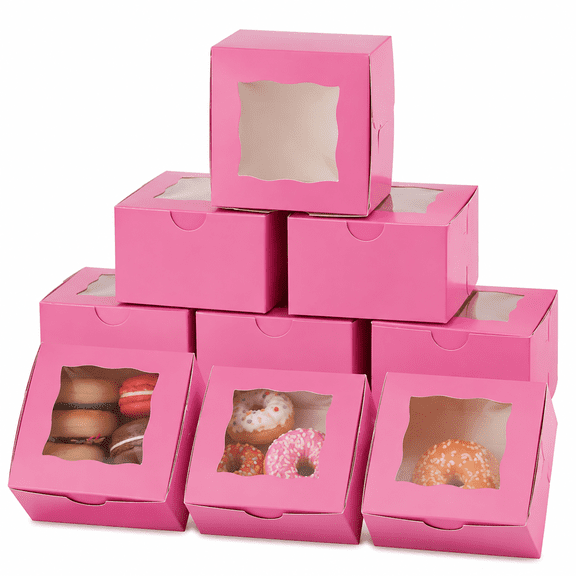 Paper Cookie Boxes With Window Small Bakery Boxes 4x4x2.5 Inches Mini Cake Boxes For Pastries, Cupcakes, Desserts, Donuts, Chocolate Strawberries, Candy, Treat Boxes (4 * 4 * 2.5, Pink)