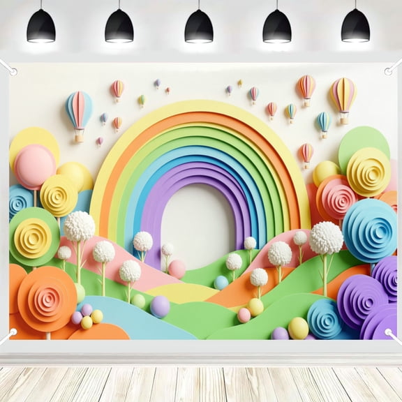 Paper Craft Rainbow Hot Air Balloon Photography Backdrop, 3D Layer Cartoon Hill Photo Background for Baby Shower Kids Party Decor 3x5ft