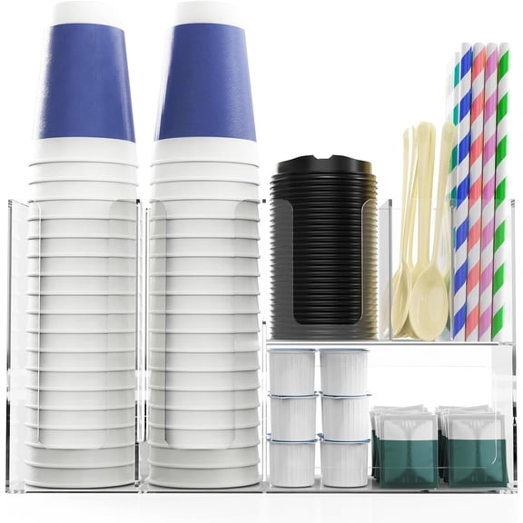 Paper Cup and Lid Holder with Straw Organizer, 6 Compartment Disposable Coffee Cup Dispenser for Countertop Coffee Bar Accessories Restaurant Breakroom, Acrylic, Clear