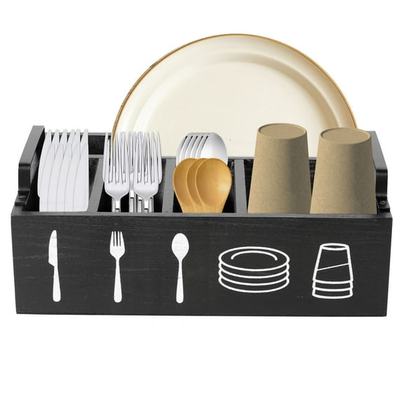 Paper Cup Storage Box 5 Compartment Wooden Flatware Caddy with Handle for Coffee Cup Plate Kitchen Accessory Box