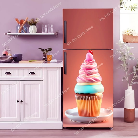 Paper Cupcake Dessert Refrigerator Sticker Kitchen Adhesive Refrigerator Door Decal PVC Waterproof D