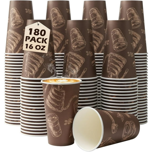 Paper Cups 16 oz 180 Pack, Disposable Coffee Cups, Dispoable Paper Drinking Cup for Coffee, Hot Cups for Party, Picnic, Travel, and Events