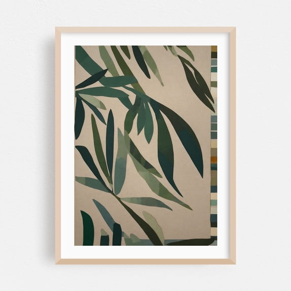Paper Cut Green Leaves - Mixed Media Botanical Abstract Nature Minimalist Modern Art Geometric Tropical Oak Framed Wall Art Print 12 x 16 inches