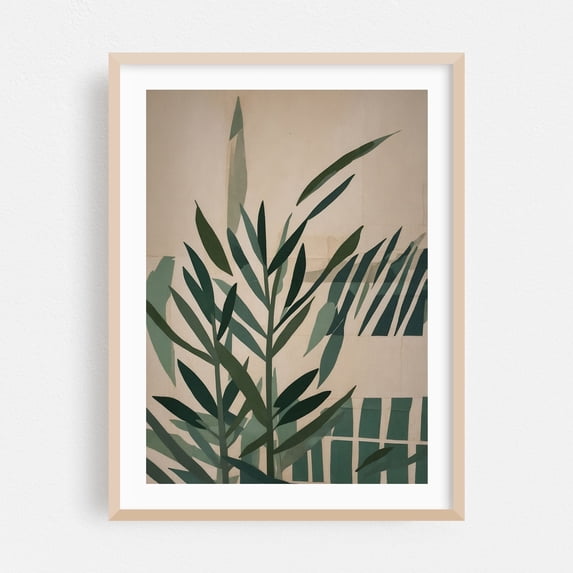 Paper Cut Green Leaves No.2 - Mixed Media Botanical Minimalist Tropical Nature Abstract Floral Modern Art Oak Framed Wall Art Print 5 x 7 inches