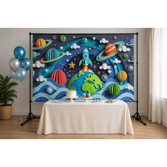Paper Cut Rocket and Planets Backdrop