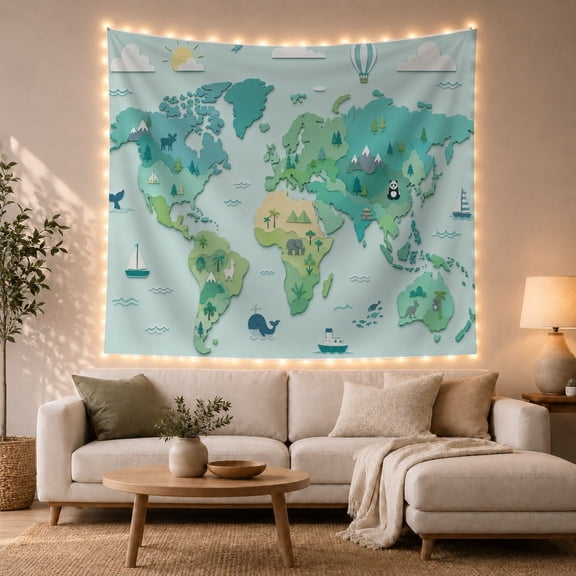 Paper-Cut World Map on Pale Mint Field with Whales and Sailboats, Playful Boho for Kids Students, Educational Ocean Decor, Birthday Gift, Tapestry Wall Hanging for Bedroom and Dorm