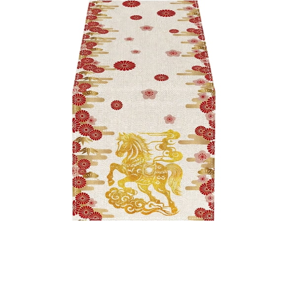 Paper Cutting Style Chinese Zodiac Horse Happy 2026 Chinese New Year Table Runner Festive Kitchen Dining Decor for Holiday Party