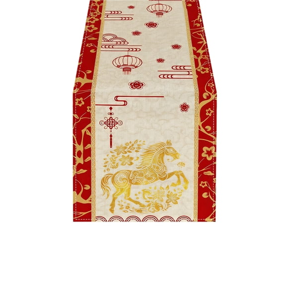 Paper Cutting Style Chinese Zodiac Horse Happy 2026 Chinese New Year Table Runner Festive Kitchen Dining Decor for Holiday Party