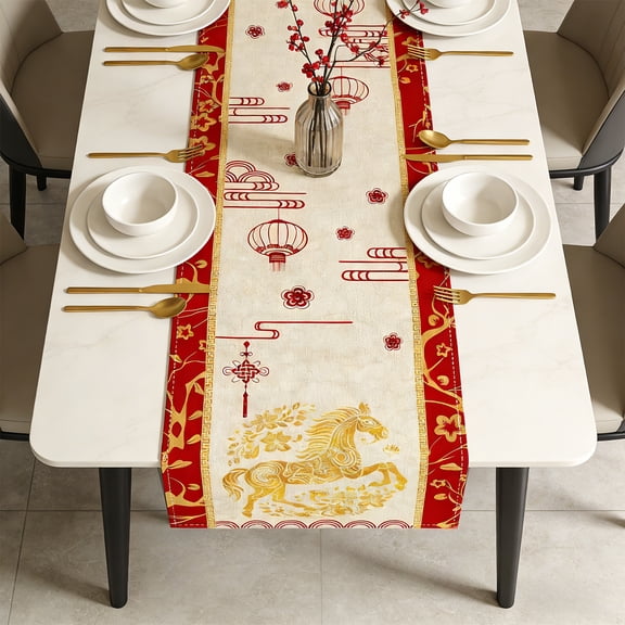 Paper Cutting Style Chinese Zodiac Horse Happy 2026 Lunar New Year Table Runner,Chinese New Year Table Runner 2026 Year of Horse Paper Cutting Style White Table Runner of The Horses Decorations