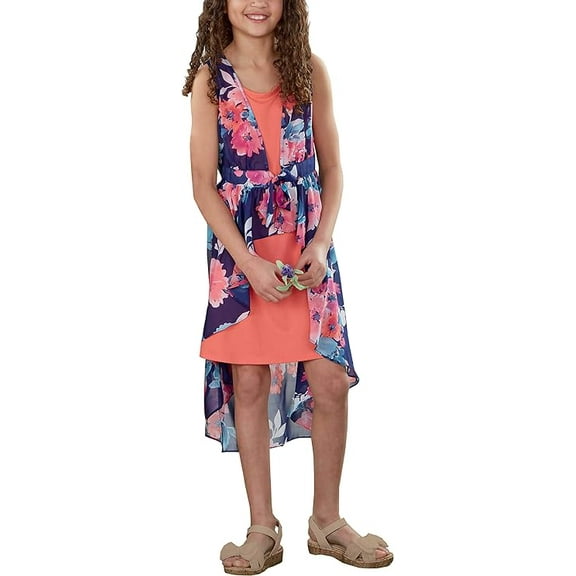 Paper Doll Girls' Sleeveless High-Low Dress (Navy/Coral Multi, 12)