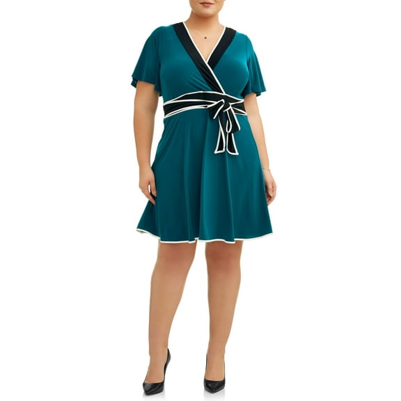 Paper Doll Women's Plus Size Short Sleeve Color Block Wrap Dress with Self Belt