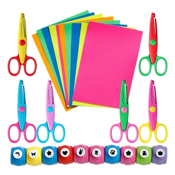 Paper Edger Scissors, 6 Pcs Craft Scissors, 10 Pcs Shape Punches, 10 Sheet Colorful Papers