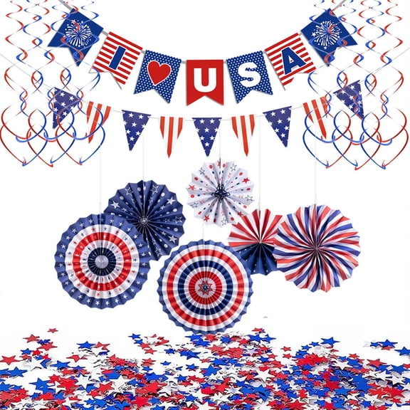 Paper Fan Patriotic Party Decor Kit, Foldable Paper Bloom Ball Garland, Spiral Cutout 4th Of July Hanging Set for Indoor Backyard Holiday Ceiling Arrangement