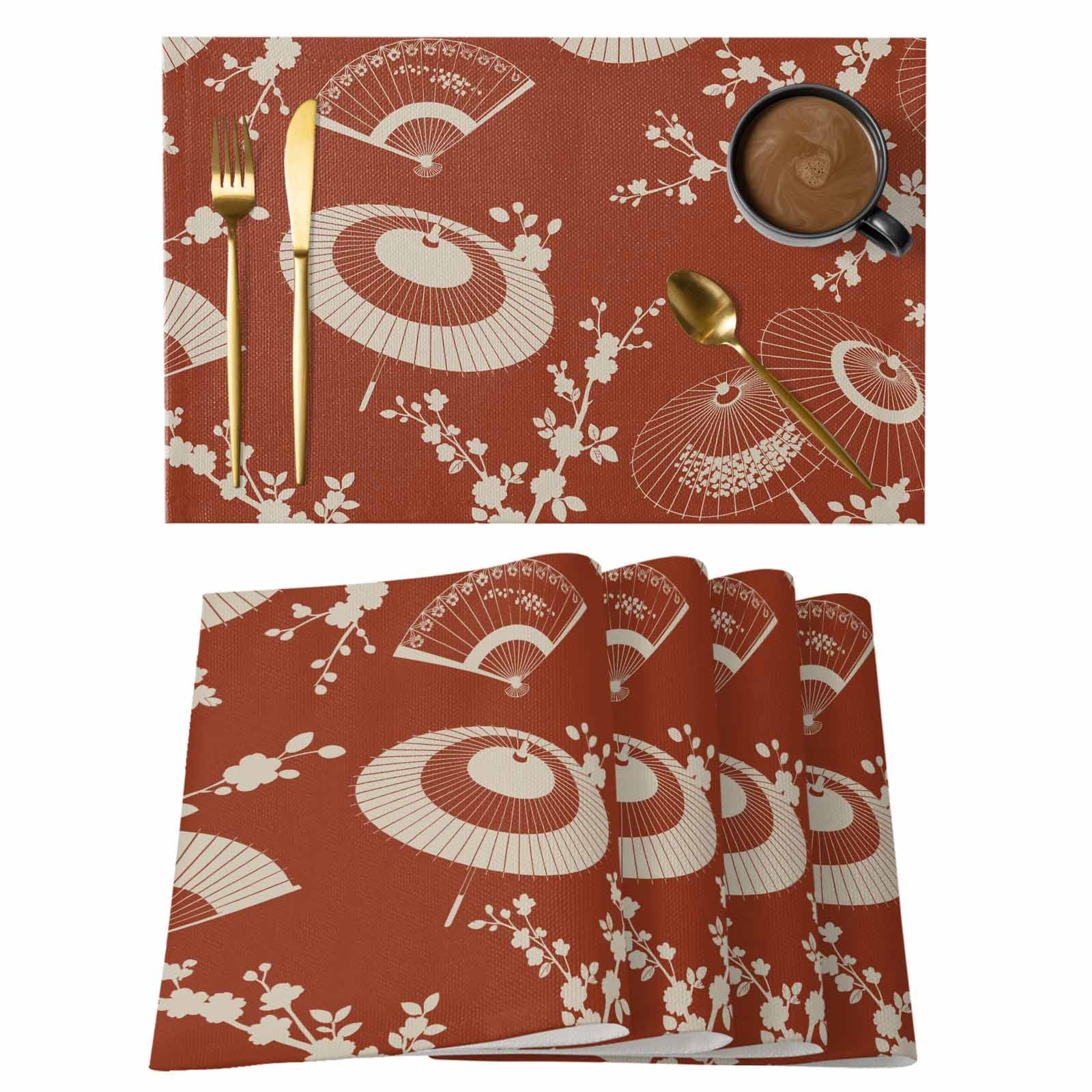 Paper Fan Placemats Set of 1, Cherry Blossom Branch Japanese Style Red ...