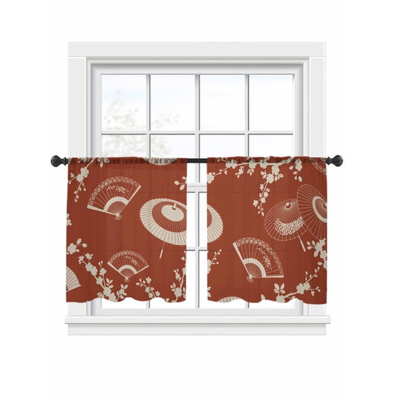 Paper Fan Sheer Curtains 2 Panels Set Cherry Blossom Branch Japanese Style Red Sheer Window Curtains Light Filtering Rod Pocket Voile Drapes for Bedroom Living Room 52"x54"