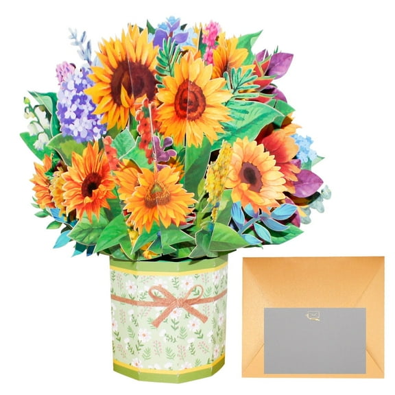 Paper Flower Pop Up Cards,Get Well Soon Pop Up Cards ,Greeting Cards for Mother's Day, Birthday Anniversary Foldable Flower Cards with Envelope and Note (Sunflower Bouquet)