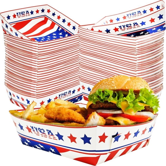 Paper Food Trays, 50 Count Patriotic American Flag Disposable Snack Boats For Fourth Of July Parties, Tableware For Appetizers, Desserts, And Party Favors, Red White Blue